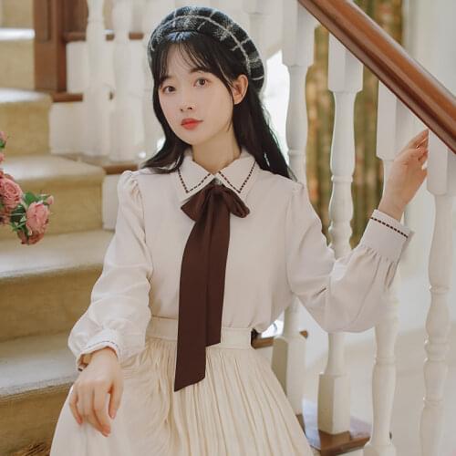 Autumn Sweet Women blouses Vintage Preppy Style Lace up Bow Turn-down collar Solid female tops 2020 HOT