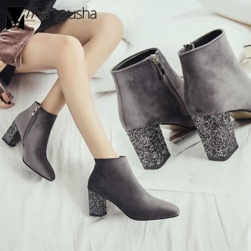 Women bling heel velvet ankle booties winter plush warm platform shoes ladies chunky heel square toe chelsea boots mujer 2019