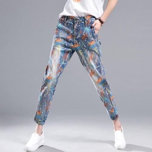 Female spring and autumn nine pants high waist painted denim printed feet pants harem pants personality loose carrot trousers