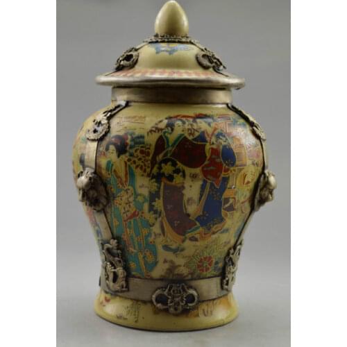 6.5"Collectible Decorated Old Porcelain & Tibet Silver Dragon Lady Traveling Pot