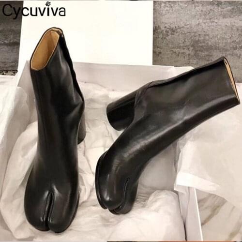 2021 Split Toe Ankle Boots For Women Black Leather Round Chunky Heels Short Boots T Show Shoes Ninja Boots Tide Knight Boots