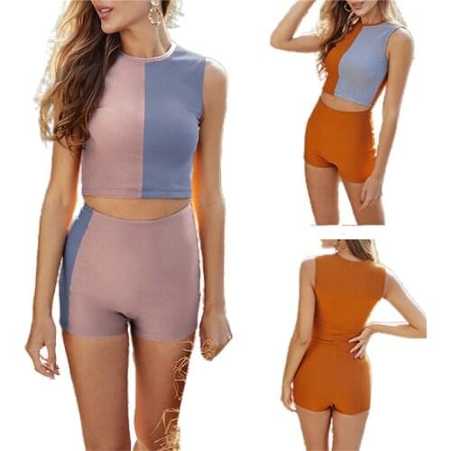 Hot Sale Summer Fashion Women’s Sexy Two Piece Bikini Suits Fashion Contrast Color Cropped Vest and High Waist Shorts Wholesale