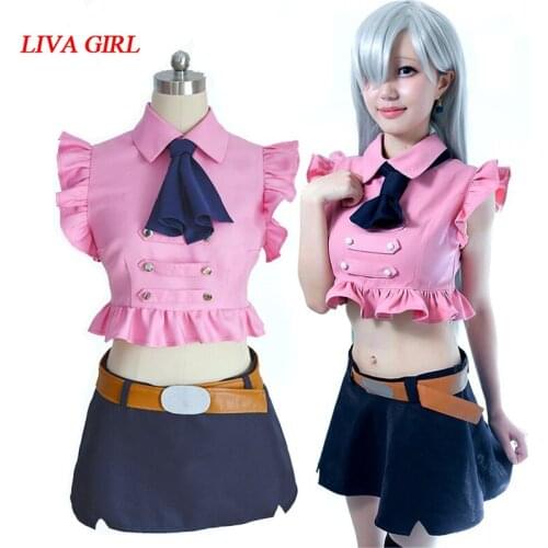 Anime The Seven Deadly Sins Elizabeth Liones Pink Top+Skirt+Tie+Belt Cosplay Costumes Cute Women Girls sets