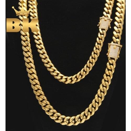Stainless Steel Cuban Link Chain With Bling CZ Zirconia Triple Lock Luxury Top Quality Necklace 12&14mm Hiphop Men Jewelry