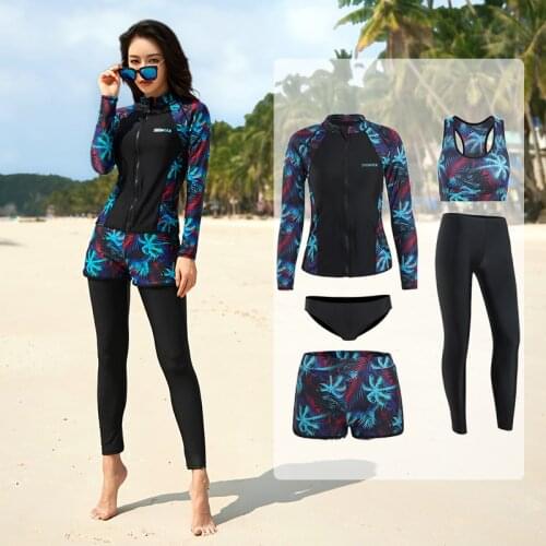 Long Sleeve Rash Guard Women Print 5 Pieces Swimsuit Zipper Swimwear Bathing Suits Surfing Pad Long Pant Couples Men 3 pieces