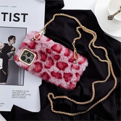Fashion Cute Leopard Print Soft Fluffy Fur Long Metal Chain Messenger Bag Case Cover For iPhone XS 11 Pro Max XR X 8 7 6 6S Plus
