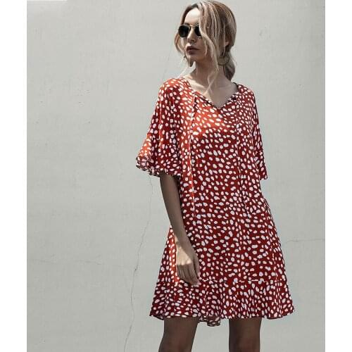 Fashion Casual V-neck Dress 2021 Women Summer Polka Dot Loose Short Sleeve Ruffles Beach Party Dresses For Femme