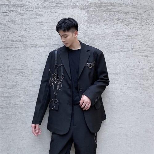 2021 spring Korean style personality Metal chain design Suit men Casual loose simple black Blazers for men M-XXL