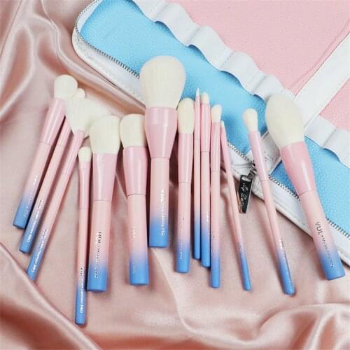 VDL + My Destiny Pro 14Pcs Makeup Brush Set Fashion Gradient Pink Powder Blush Brush Complete Make up Tool Kit with Leather Bag