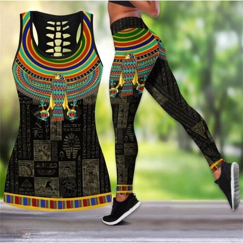 Egypt Eagle God Tattoos 3D All Over Printed Women Hollow Tank Top & Leggings Set Sexy Elastic Female Skinny Leggings LKB-01
