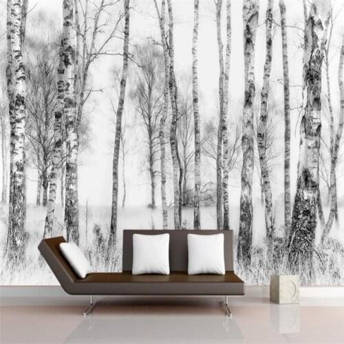 Custom Mural Wallpaper Black And White Hand Painted White Birch TV Furniture Decoration Background Wall Painting