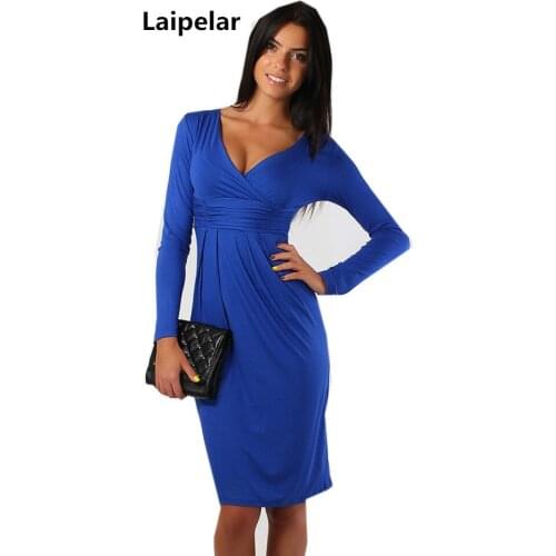 New Fashion Winter Dress Plus Size Women Clothing Casual Full Sleeve Knee-Length Deep V-Neck Sexy Club Sheath Party Vestido