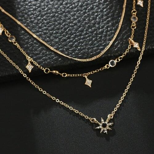 Fashion Stars Zircon Beads Sun Flower Pendant Thin Multi Layers Necklaces Gold Rhinestone Choker Necklace Jewelry Gift