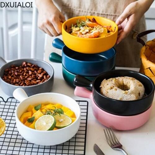 Nordic Simple Round Ceramic Baking Bowl with Handle Household High Temperature Tableware Salad Bowl Steak Western Pasta Bowl