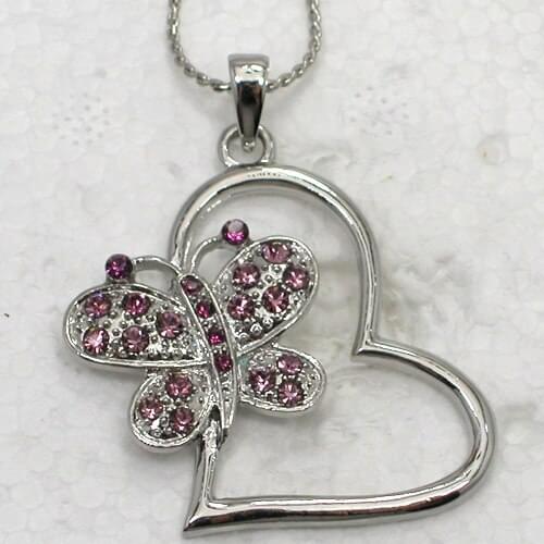 Purple Rhinestone Heart & Butterfly Fashion Pendant Necklaces Chain Jewelry F220 D