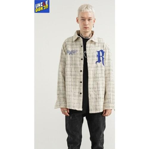 UNCLEDONJM Letter Embroidery Plaid Long Sleeve men Shirt High Street Harajuku Oversized Shirts fashion Cardigan Jacket F846