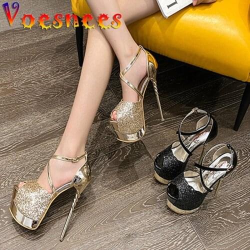 Voesnees Sandals For Women 2021 Spring Summer New Metal Sequins Super High Heels 16cm Platform Stiletto Model Catwalk Show Shoes