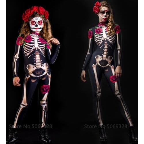Family Costumes Halloween Devil Costume Women Skeleton Rose Horror Ghost Jumpsuit Performance Scary Kids Girl Day of The Dead