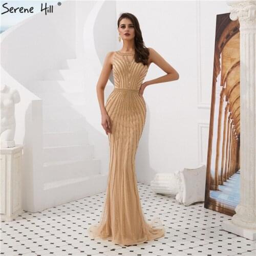 Gold Halter Mermiad Evening Long Evening Dresses 2020 Sleeveless Full Diamond Evening Gowns Serene Hill BLA6008