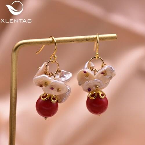 XlentAg Original Handmade Natural Fresh Water Pearl Drop Earrings For Women Natural Red Stone Dangle Earring Fine Jewelry GE0620