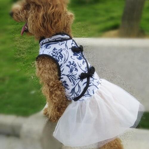 Pet Skirt Floral Print blue-and-white porcelain pattern printing Sleeveless Puppy Cheongsam Skirt for Summer Dog Dresses 2021