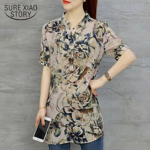 Plus Size V-neck Printing Women Tops Blusas Fashion Chiffon Womens Clothing Short Sleeve Loose Women Shirt Blouse D532 30