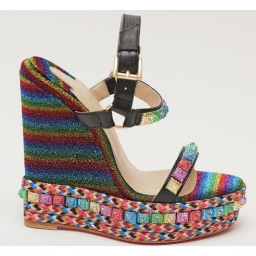 Moraima Snc Hot Selling Colorful Glitter Embellished Platform Wedge Sandal Summer Sexy Rivets Studded Woman Gladiator Sandal