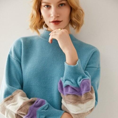 2021 Autumn and Winter Cashmere Sweater Woman O-Neck Pullover 100% Pure Wool Casual Knitted Color Matching Tops Female Warm