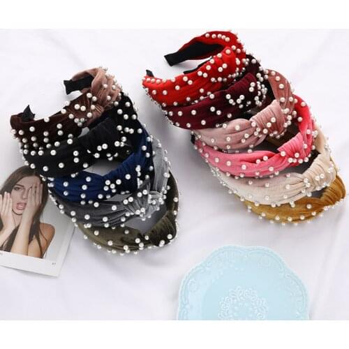 New Bohemian Solid Color Soft Velvet Knot Wide Hairband Women Imitation Pearls Headband Twisted Ladies Hair Accessories Headwear