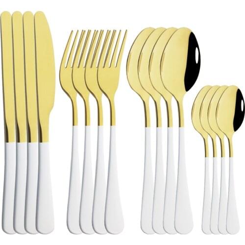 16Pcs Western White Gold Dinnerware Set Stainless Steel Home Knife Fork Spoon Cutlery Set Kitchen Tableware Set Flatware Set