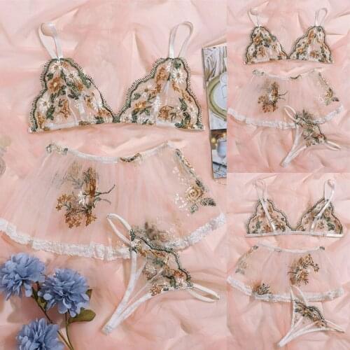 3PC Sexy Lingerie Women Lace Embroidery Perspective Bra Skirt Thong Pajamas Outfit Fashionable and Exquisite Sexy Underwear Set