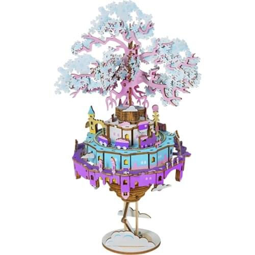 3D Puzzle DIY Music Box Puzzle Wood Model Kits to Build Rotating Cherry Blossoms Tree Craft Kits Unique Gift for Age 14
