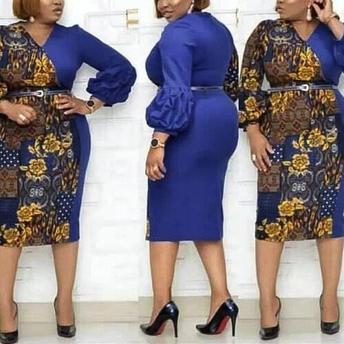 African Office Dresses for Ladies 2021 New Blue Patchwork Bodycon High Waisted V Neck Elegant Business Work Wear Dress Midi OL