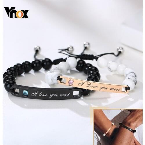Vnox Free Engrave Words ID Bracelets for Women Men with Stainless Steel Bar,His and Her Couple Handmade Braided Rope Bracelet