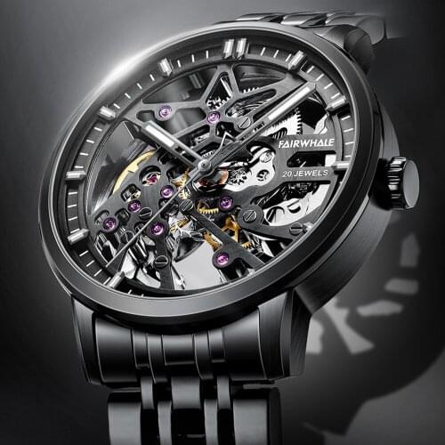 Automatic Watch Men Luxury Skeleton Mechanical Wristwatch Fashion Black Stainless Steel Luminous Clock Relojes Para Hombre 2021