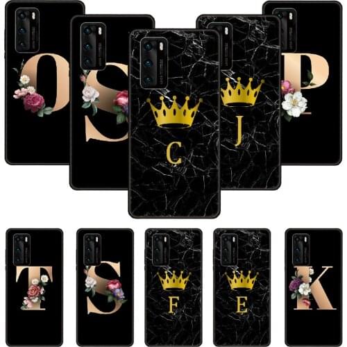 Phone Case For Huawei P20 P30 P40 P Smart Z + P10 Mate 30 10 20 Lite Pro Black Cover Funda 3D Prime Fashion Alphabet 26 Letters
