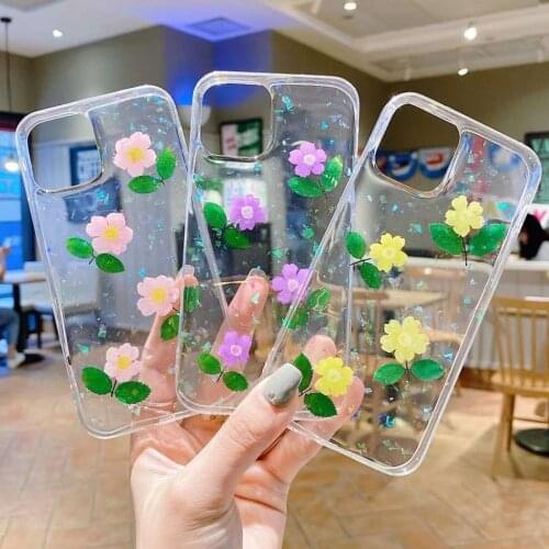 Real Dried Flowers Glitter Phone Case for IPhone 12 Pro Max 6s 7 8 Plus X XS XR Epoxy Daisy Soft TPU Cover for IPhone 11 Pro Max
