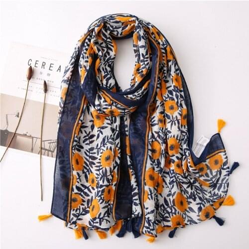 Spring New Floral Hijab for Women Large Soft Head Scarf Classics Long Shawl with Tassels [6686]