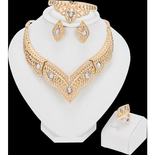 Exquisite Dubai Nigeria Charm Women Flower Necklace Bracelet Earrings Ring Trend Crystal Jewelry Set Party Fashion Jewelry Girl