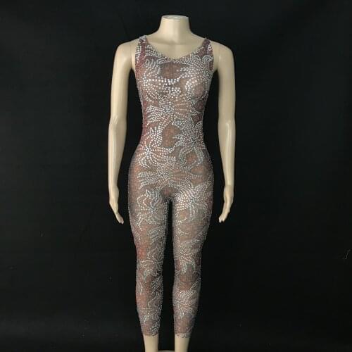 Flower Pattern Silver Rhinestone Brown Transparent Jumpsuit Birthday Celebrate Collection Legging Prom Dance Costume