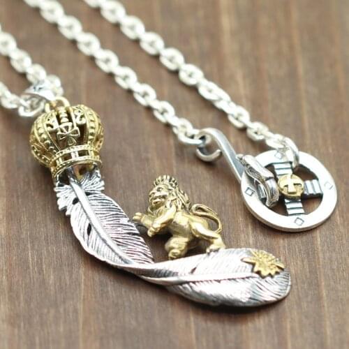 Retro Thai Silver Imperial Lion Pendant S925 Sterling Silver Crown Feather Takahashi Goro Sweater Chain Men And Women Pendant