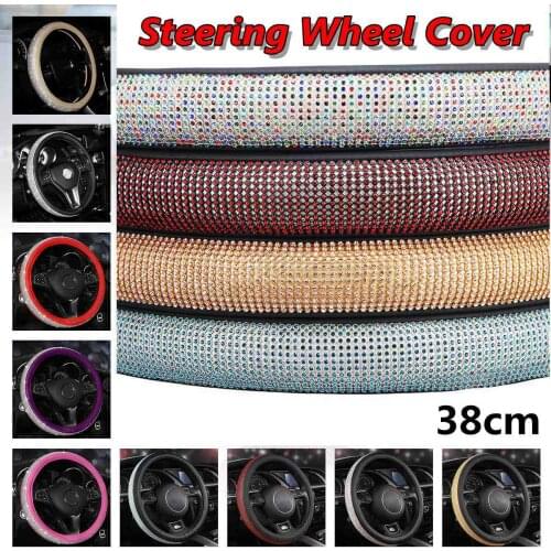New Leather Car Auto Steering Wheel Cover With Crystal Rhinestone for Women Girls Interior Accessories Black/Beige 15'' 38cm