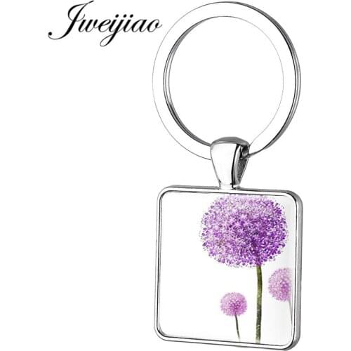 JWEIJIAO Purple Dandelion Charm Key Chain Plants Dandelion Seeds Carry Hopes Art Picture Glass Keyring Trinket Gift DP45