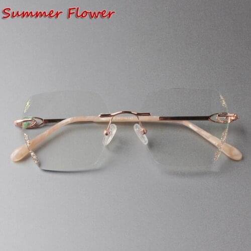 Transparent Lenses Women Gradient Tint Prescription Square Lenses Diamonds Frame Titanium Rimless Glasses for Female