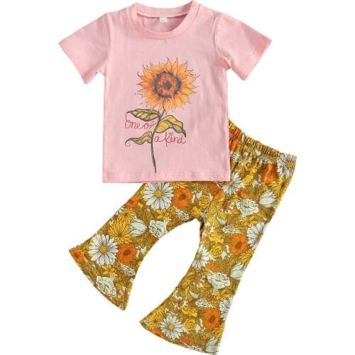 1-6Y Summer Kids Girls Clothing Set Flower Print Short Sleeve Tops and Flared Pants 2PCS Suit for Vacation Birthday Party