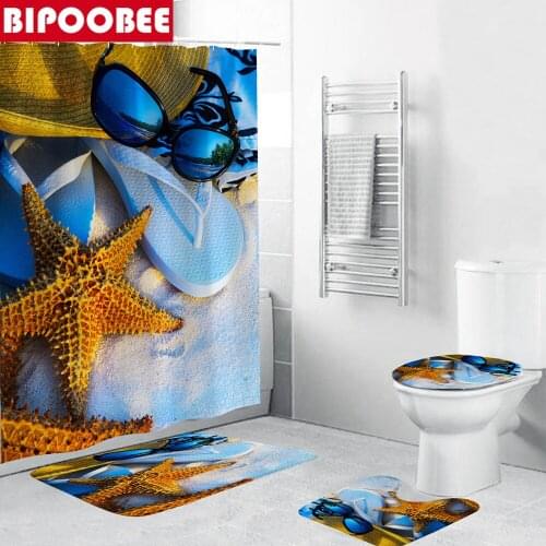 Beach Starfish Print Shower Curtain Sandals Glasses Pattern Bath Mat Rug Set Toilet Lid Cover Non-slip Carpet for Bathroom Decor