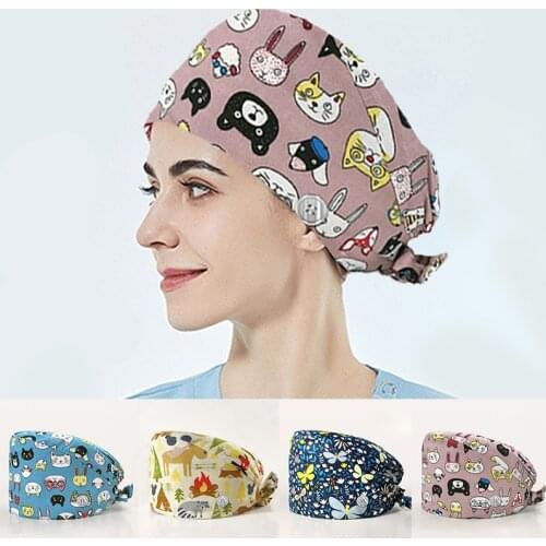 Dust-proof Hat For Women Floral Printed Doctor Nurse Beauty Caps Unisex Breathable Adjustable Hat Surgical Cap Sweat-absorbent