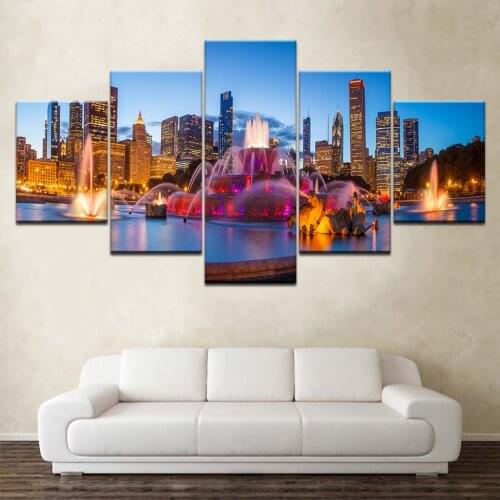 Framework Decor Modern Living Room HD Prints 5 Pieces Chicago City Night Scene Paintings Poster Modular Pictures Canvas Wall Art