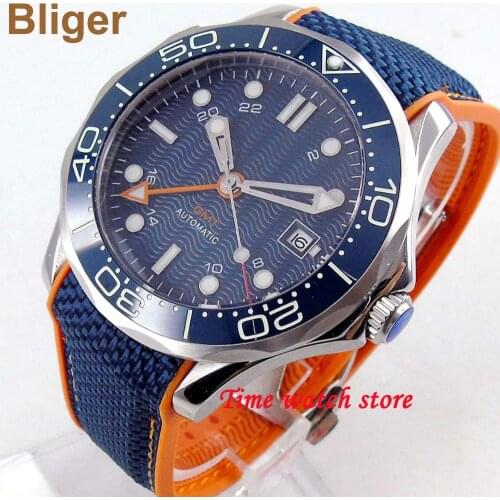Luxury bliger 41mm automatic watch men sapphire glass waterproof blue dial rubber canvas bracelet ceramic Bezel luminous