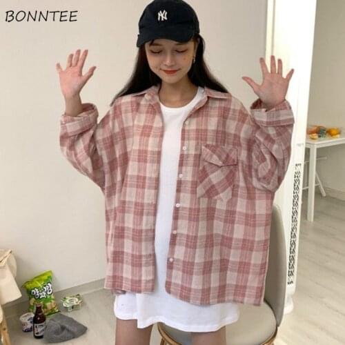 Shirts Women Plaid Sweet Turn Down Collar Long Sleeve Pocket BF Oversize All-match Casual Korean Style Preppy Students Female